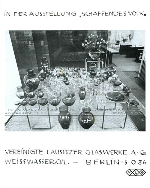 VLG Anzeige 1937, Wagenfeld Trinkgläser und Vasen. Ausstellung Schaffendes Volk.