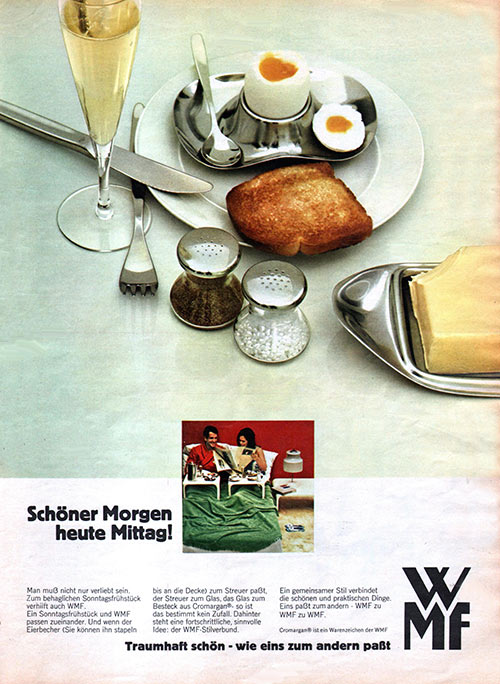 WMF Anzeige 1967, mit Wagenfeld Entwürfen: 
Max & Moritz Pfeffer- und Salzstreuer, Butterdose, Eierbecher.