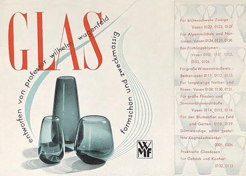 WMF Faltblatt 1952, Titelseite mit Wagenfeld Glasvasen.